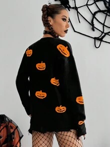 SHEIN Unity Pulover pentru femei, cu guler rotund și mânecă lungă, model de dovleac, toamnă-iarnă - Negru - Vizualizare 2