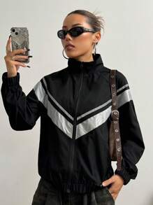 SHEIN Unity Women's Reflective Stripe Patchwork Long Sleeve Jacket - Black - View 1