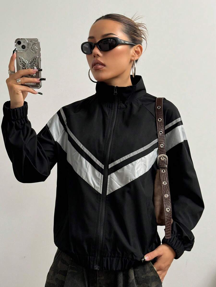 SHEIN Unity Women's Reflective Stripe Patchwork Long Sleeve Jacket - Black - View 1