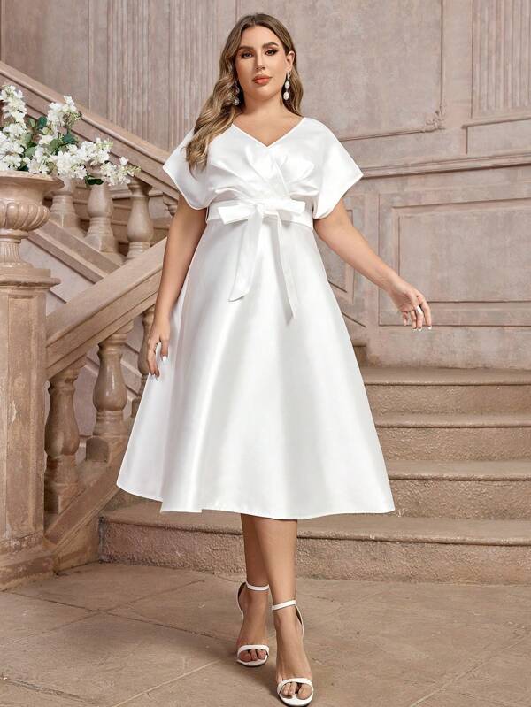 SHEIN Belle Plus Size Simple Bow Tie Dro[-Shoulder Overlap Design Wedding/Cocktail Party Dress, Plus Size White Elegant Bridal Dress