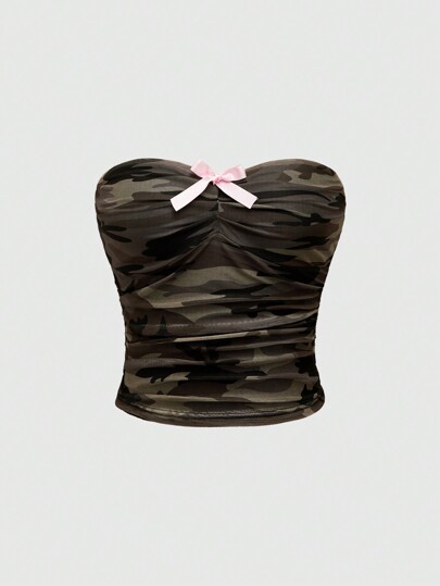 Débardeur transparent à taille froncée avec imprimé léopard et accent nœud, style chic Harajuku Y2K pour femmes