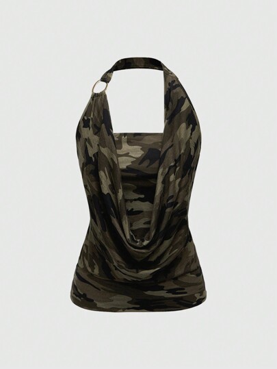 J-Fashion Y2K Harajuku Camo Cropped Draped Neck Top