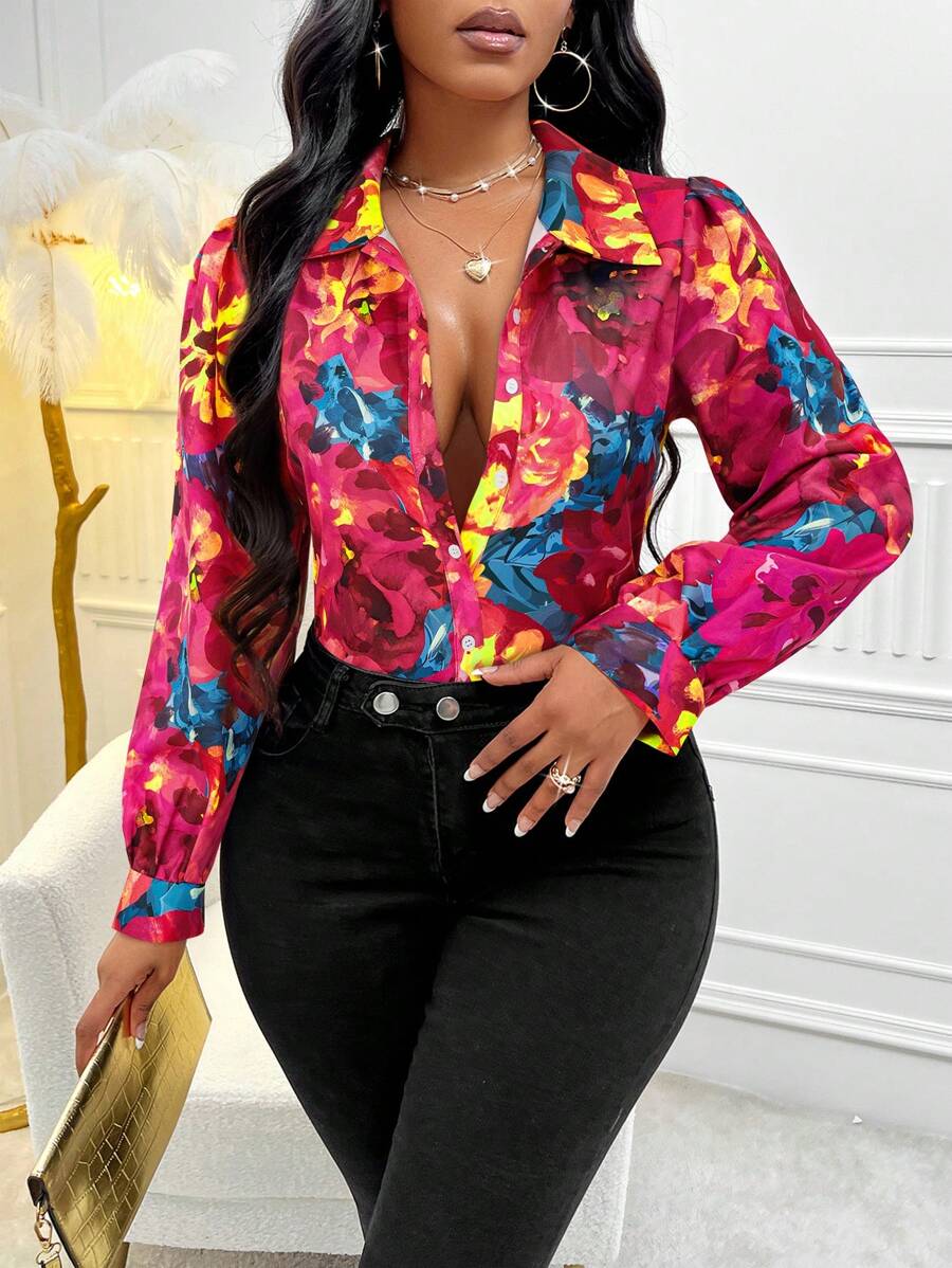 Zolique Women Colorful Floral Print Long Sleeve Shirt - Red - View 1