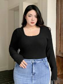 Dazy Plus Plus Size Solid Color Contrast Lace Square Neck Slim Fit Base Layer T-Shirt, Spring/Summer/Autumn Long Sleeve Women Tops,Fall Women Clothes - Black - View 7