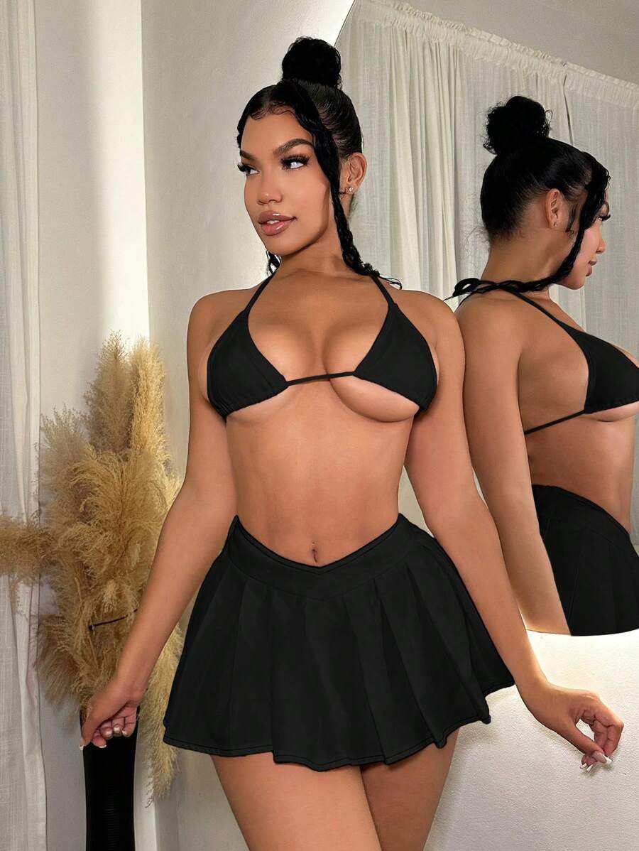 SHEIN SXY 女士V领低腰褶皱迷你裙，假日性感夏季海滩度假波西米亚西部风情生日单身派对音乐会俱乐部装扮 - 黑色 - 查看 1