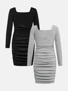 SHEIN 2pcs Tween Girls Knit Square Neck Ruched Splice Sheer Sleeve Long Dress Set
