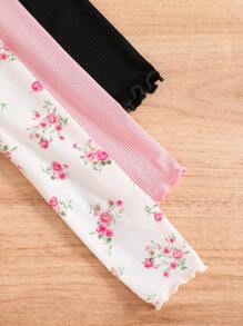 Young Girl 3pcs/Set  Cute Solid Color & Floral Pattern Knitted Print Lettuce Trim Versatile Tee,Great For Casual & Daily Wear & School Daily In  Autumn &  Winter - Multicolor - View 5