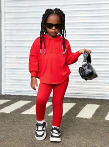 SHEIN Leap Crew 年轻女孩针织压花连帽上衣和运动裤套装，休闲运动 - 紅色 - 查看 1