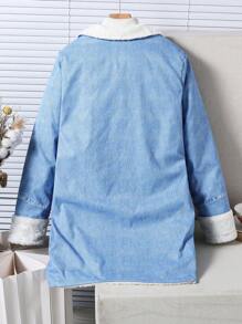 SHEIN Teen Girl Solid Color Button Front Pockets Thermal Lined Long Sleeve Jacket - Blue - View 2