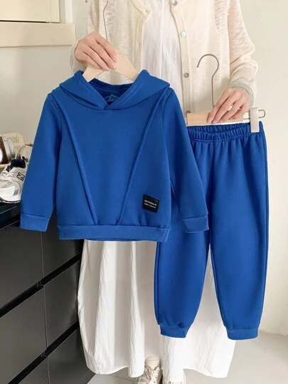 SHEIN Young Boy Letter Patched Thermal Lined Hoodie & Sweatpants