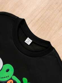 1pc Black Oversized Tween Boy Casual Ghost Colorful Graphic Print Thermal Lined Round Neck Drop Shoulder Long Sleeve Sweatshirt Clothes, Suitable For Halloween, Fall/Winter