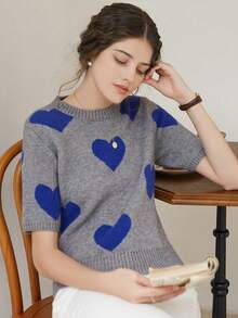 Knit Mix 法式针织通勤女式上衣，心形图案圆领短袖宽松休闲夏季毛衣，情人节礼物，返校季秋季女装 - 灰色 - 查看 8
