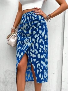 SHEIN LUNE 全印花前开衩休闲裙 - 藍色 - 查看 1