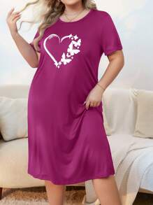 Plus Size Women Heart Print Round Neck Short Sleeve Nightgown, Moo Moo Night Dress - Hot Pink - View 4