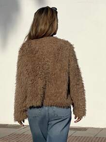 SHEIN Essnce Women's Solid Color Front Button Fluffy Long Sleeve Jacket, Autumn & Winter - Mocha Brown - View 2