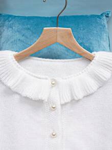 SHEIN 少女领开衫，白色，标志性卡哇伊风格，柔软针织，蝴蝶装饰，灯笼袖，荷叶边饰边，珍珠纽扣，适合外出、购物、聚会、上学 - 白色 - 查看 4