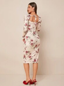 SHEIN Clasi Váy ngắn xếp ly dài tay họa tiết hoa cho nữ - Màu Đỏ Sâu - Xem 3
