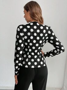 SHEIN Privé 女士优雅波尔卡圆点印花系带衬衫，秋季衬衫。适合职场女性的完美衬衫。长袖衬衫。返校节。商务休闲女士，黑白衬衫 - 彩色 - 查看 2