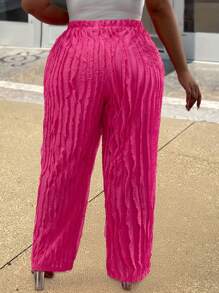 Maweii Pantalones de punto de cintura elástica de unicolor con flecos para tallas grandes - Rosa Fucsia - Ver 3