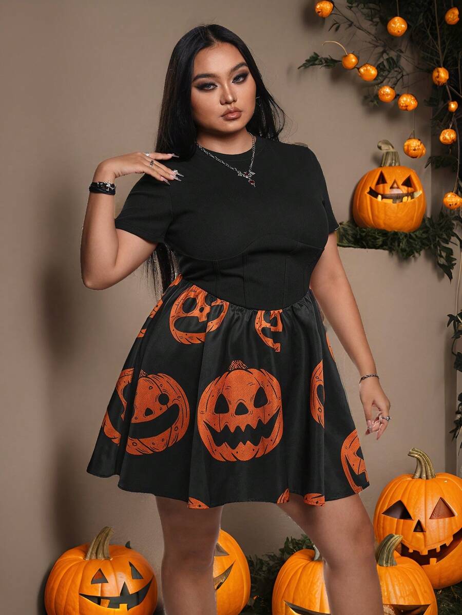 Mystic heart Váy Halloween thanh lịch cổ tròn tay ngắn in họa tiết bí ngô cỡ lớn Y2K, Váy thanh lịch mùa hè, Ngày lễ, Tiệc tùng, Kỳ nghỉ, Trang phục sinh nhật, Bãi biển, Lễ hội, Phù hợp với Ibiza - màu đen - Xem 1