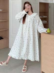 DAZY Ditsy Floral Ruffle Collar Sweet Nightgown Pajama, Moo Moo, Fall, Winter - White - View 8