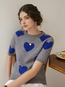 Knit Mix 法式针织通勤女式上衣，心形图案圆领短袖宽松休闲夏季毛衣，情人节礼物，返校季秋季女装 - 灰色 - 查看 5