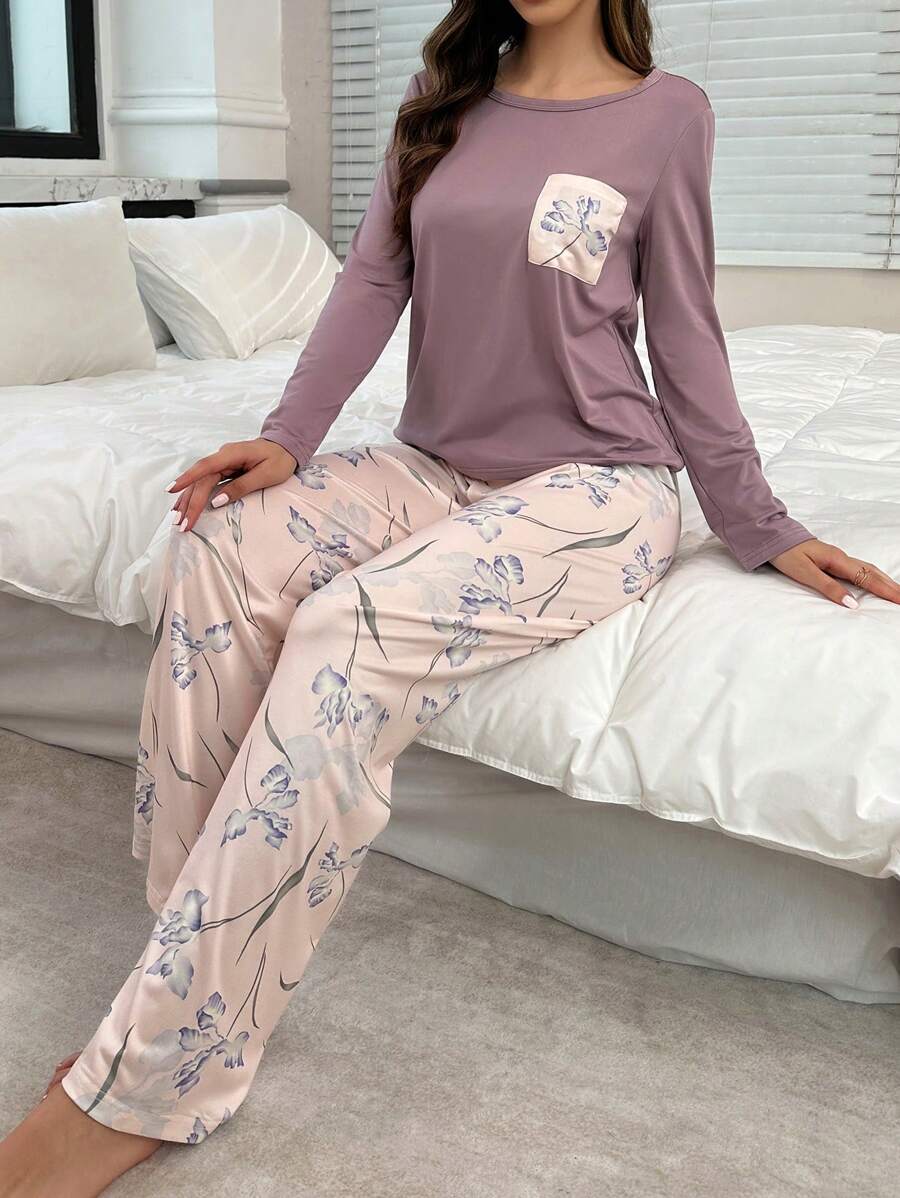 Floral Print Long Sleeve Pajama Set, Fall Winter Clothes Cozy And Elegant Details - Purple - View 1