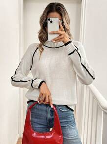 SHEIN LUNE Women's Casual Raglan Sleeve Loose Knit Sweater, Autumn/Winter, Knit Pullover Fall - White - View 5