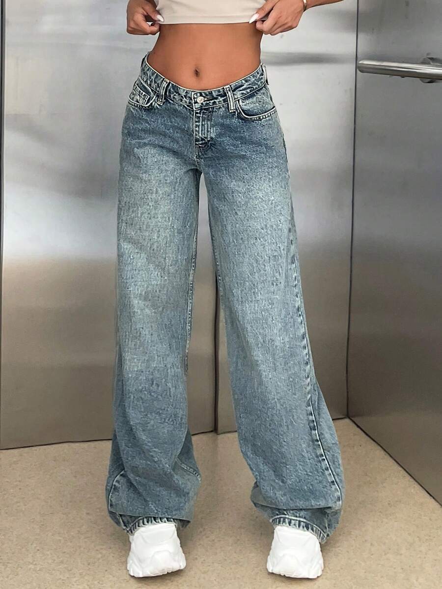 EURMUSE 100% Cotton LOW RISE WIDELEG CUY VINTAGE WASH Y2K JEAN - Medium Wash - View 1