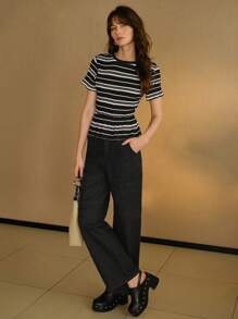 MOTF STUDIO STRIPED TEXTURED RUFFLE HEM T-SHIRT