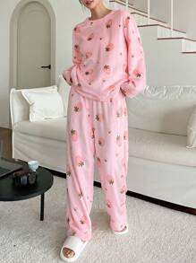 DAZY Cute Strawberry Pattern Flannel Thickened Pajama Set - Pink - View 6