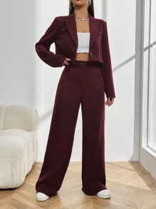 SHEIN ChicEase 2 件纯色领口前排纽扣短款上衣和裤子休闲套装 - 酒紅色 - 查看 4