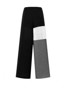 INAWLY Plus Size Loose Fit Casual Wide Leg Contrast Color Pants, Street Style Fall Cloth For Women - Black - View 2