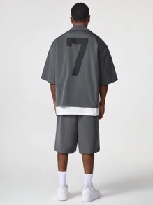 Manfinity VCAY 2pcs Men's Digital Print Zip-Up Short Sleeve Shirt And Drawstring Shorts Casual Suit