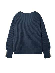 Women's All-Match Loose V-Neck Button Knit Sweater, Casual Versatile Lightweight Ribbed Pullover - Blue - View 6