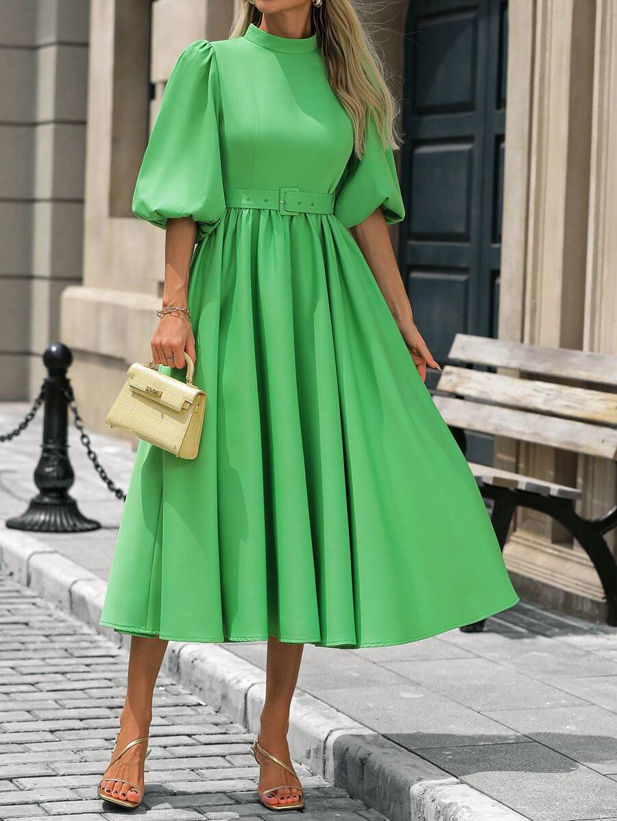 Chiquease 女士新款时尚优雅泡泡袖收腰修身欧式连衣裙长款女装 - 綠色 - 查看 1