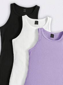 SHEIN 3 Stücke Set für Teenager-Mädchen: Einfarbiges, figurbetontes, ärmelloses Freizeitkleid mit Rundhalsausschnitt