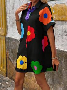 SHEIN LUNE 休闲白色前开多巴胺花卉印花短袖衬衫裙，女款 - 黑色 - 查看 5