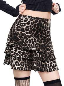 ROMWE Grunge Punk Y2K Harajuku Girl Leopard Print Ruched Waist Multi-Layer Peplum Skirt For Women - Multicolor - View 1