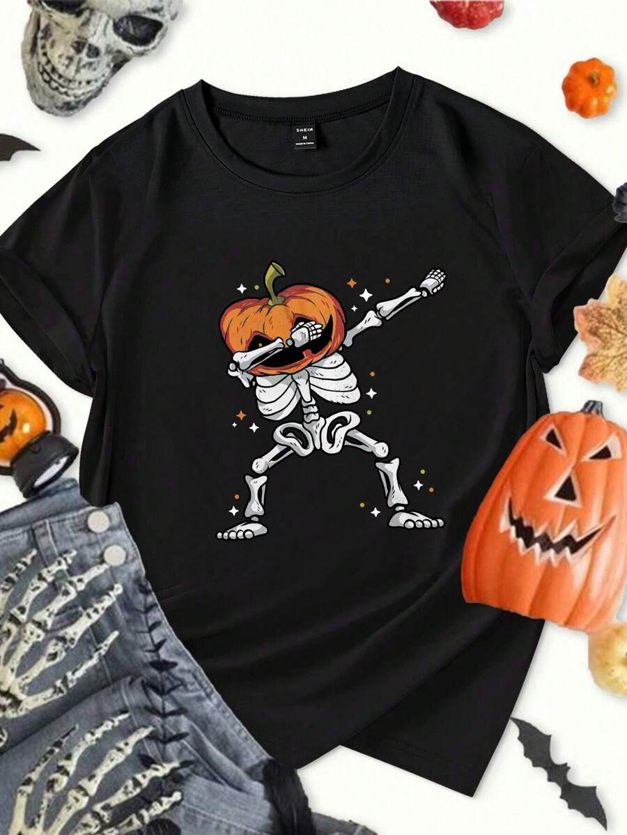Men's Casual Halloween Skull Pumpkin Print Short Sleeve T-Shirt