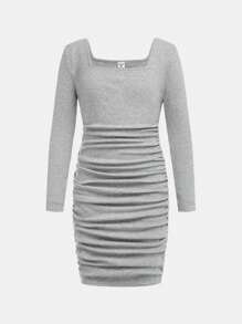 SHEIN 2pcs Tween Girls Knit Square Neck Ruched Splice Sheer Sleeve Long Dress Set