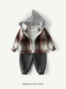 Cozy Pixies 3 件装男婴纯色针织柔软圆领长袖 T 恤、格子连帽夹克和卷边裤秋冬服装套装，适合圣诞节 - 深灰色 - 查看 3