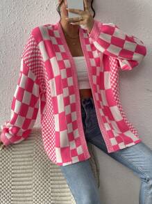 EMERY ROSE Cardigan cu mânecă lungă, cu mânecă lungă, cu imprimeu în carouri, pentru femei - Roz fierbinte - Vizualizare 6