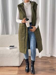 Chiquease 女士纯色带口袋拉链无袖加厚棉服外套，秋冬装 - 軍綠色 - 查看 5