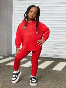 SHEIN Leap Crew 年轻女孩针织压花连帽上衣和运动裤套装，休闲运动 - 紅色 - 查看 6
