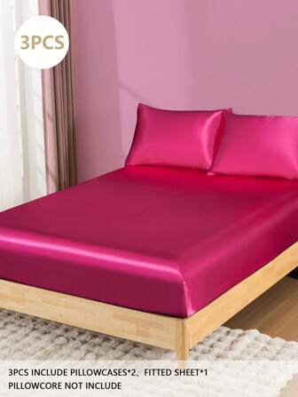 Set de 3 sábanas ajustadas de seda sintética, estilo minimalista para uso diario casual