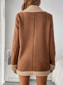 SHEIN LUNE Women's Contrast Color Fluffy Warm Jacket,Ladies Autumn Elegant Button Front Pocket Lapel Loose Brown Colorblock Coats,All Shades Of Brown,Date,Fall - Brown - View 5