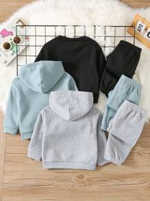 SHEIN 2 件装男婴/女婴休闲字母印花连帽衫和厚羊毛裤套装，秋冬 - 彩色 - 查看 2