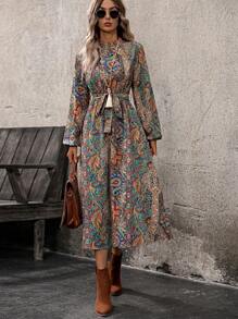 EMERY ROSE 女式全印花长袖前系带中长连衣裙，秋季休闲 - 綠色 - 查看 7