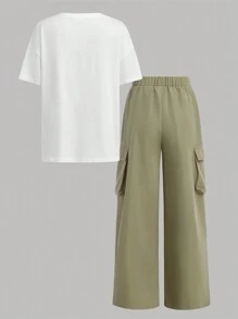 SHEIN Girlism 少女 2 件套白色 T 恤和绿色裤子，搭配涂鸦笑脸和字母印花上衣和工装口袋裤，休闲又运动 - 彩色 - 查看 2